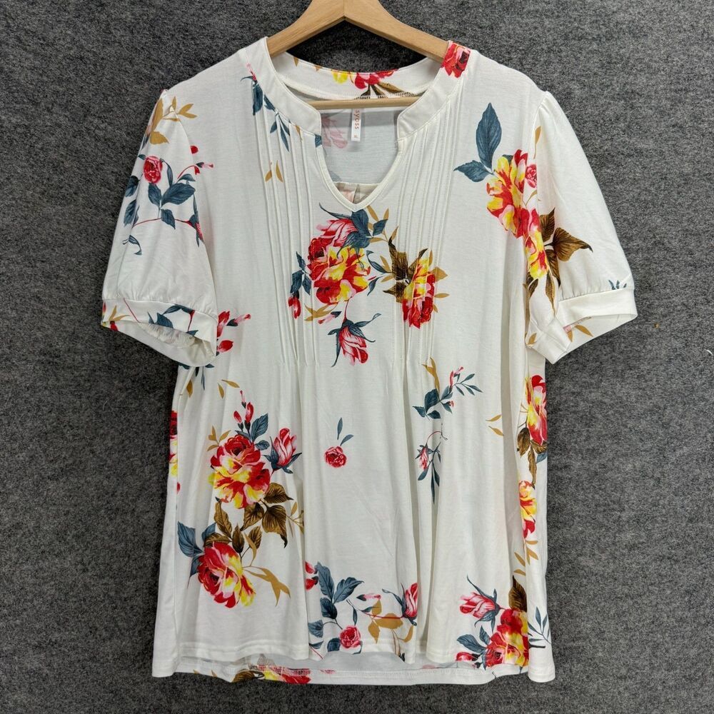 Syoss Blouse Women S Small White Floral V-Neck Short Sleeve Rayon Pleated Casual